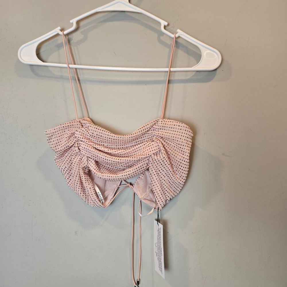 For Love & Lemons Blush Pink Ruched Crop Top with Black Dot Print